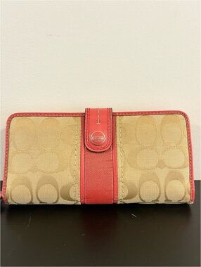 Coach Tan Signature Canvas Wallet with Red Trim